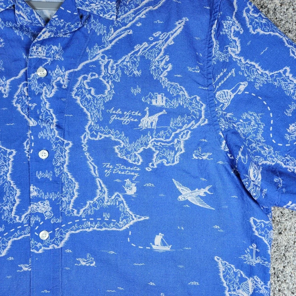 Banana Republic Button Up Shirt Mens L Blue Map Print Linen Blend Excellent